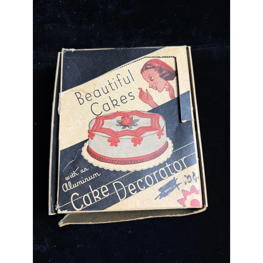 Vintage Aluminum Cake Decorator Set- Icing Syringe, 6 Metal Tips, Original Box
